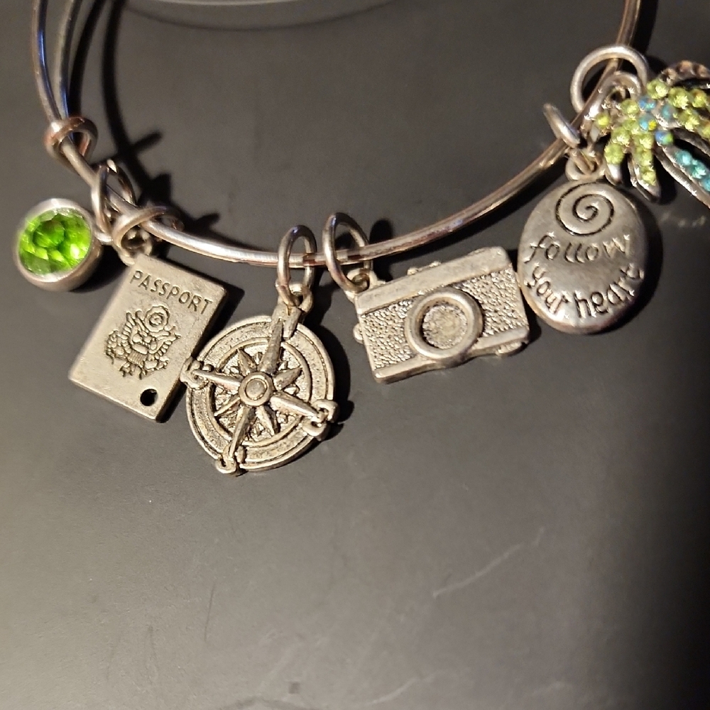 Silver Travel Charm Bracelet In The STYLE of Alex And Ani With 11 Charms